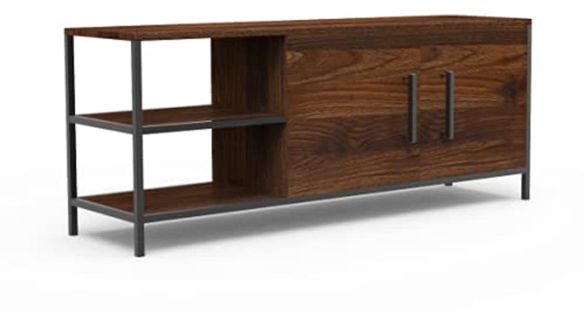 SnelShoppen - Tv-standaardkast 110 cm voor 50 inch tv, 2 niveaus, open opslag, verstelbare plank, metalen frame, waterdicht en anti-kras, rustiek brui