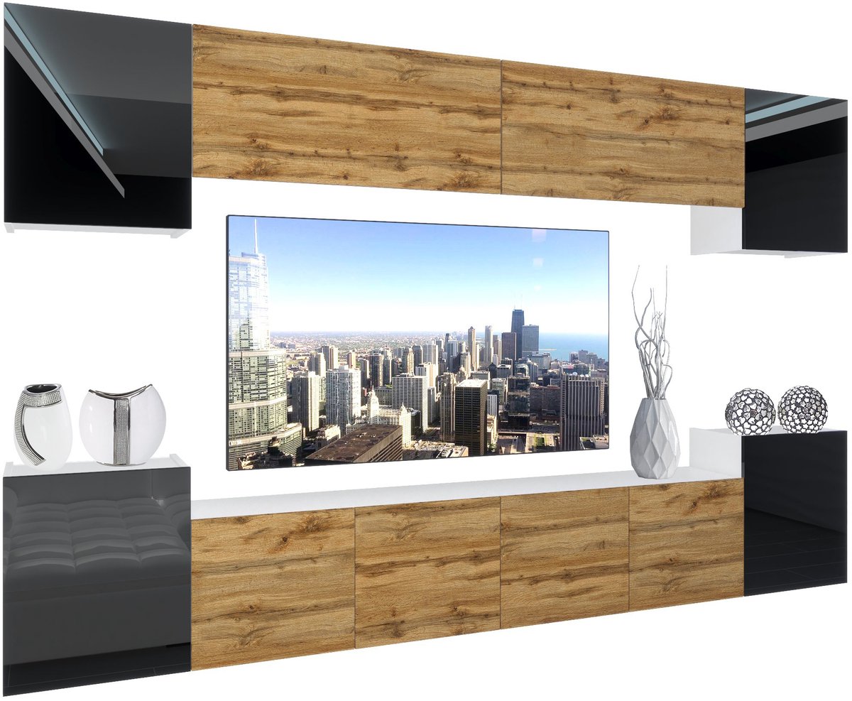BELINI Wandmeubel NEX 4 - TV-Wandkast Set met LED-Verlichting Zwart / Wotan Eiken - Hoogglans Fronten