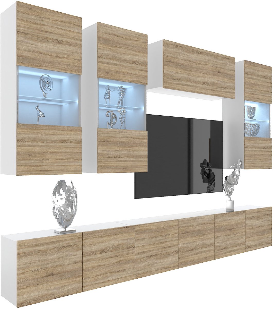 BELINI Wandmeubel Milano 5 300 cm Sonoma Eiken Mat - TV-Wand Greeploos - Moderne Woonwand met Gasliftsysteem - Modulair TV-Meubel