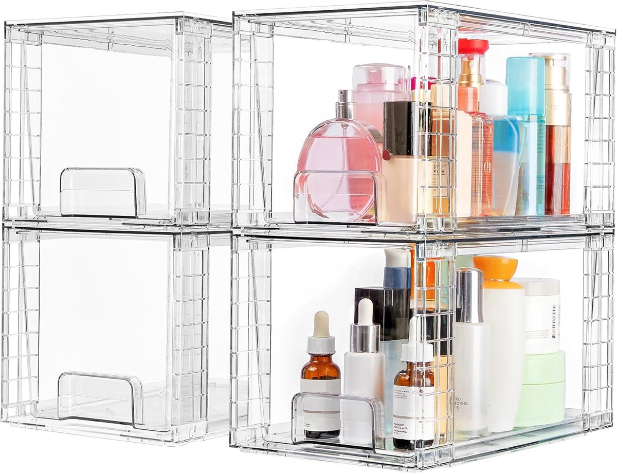 SnelShoppen - 4 Stuks Middelgrote Stapelbare Opbergladen - Transparante Acryl Lade-Organizers met Handgrepen voor Badkamer, Kast, Bergruimte en Keuken