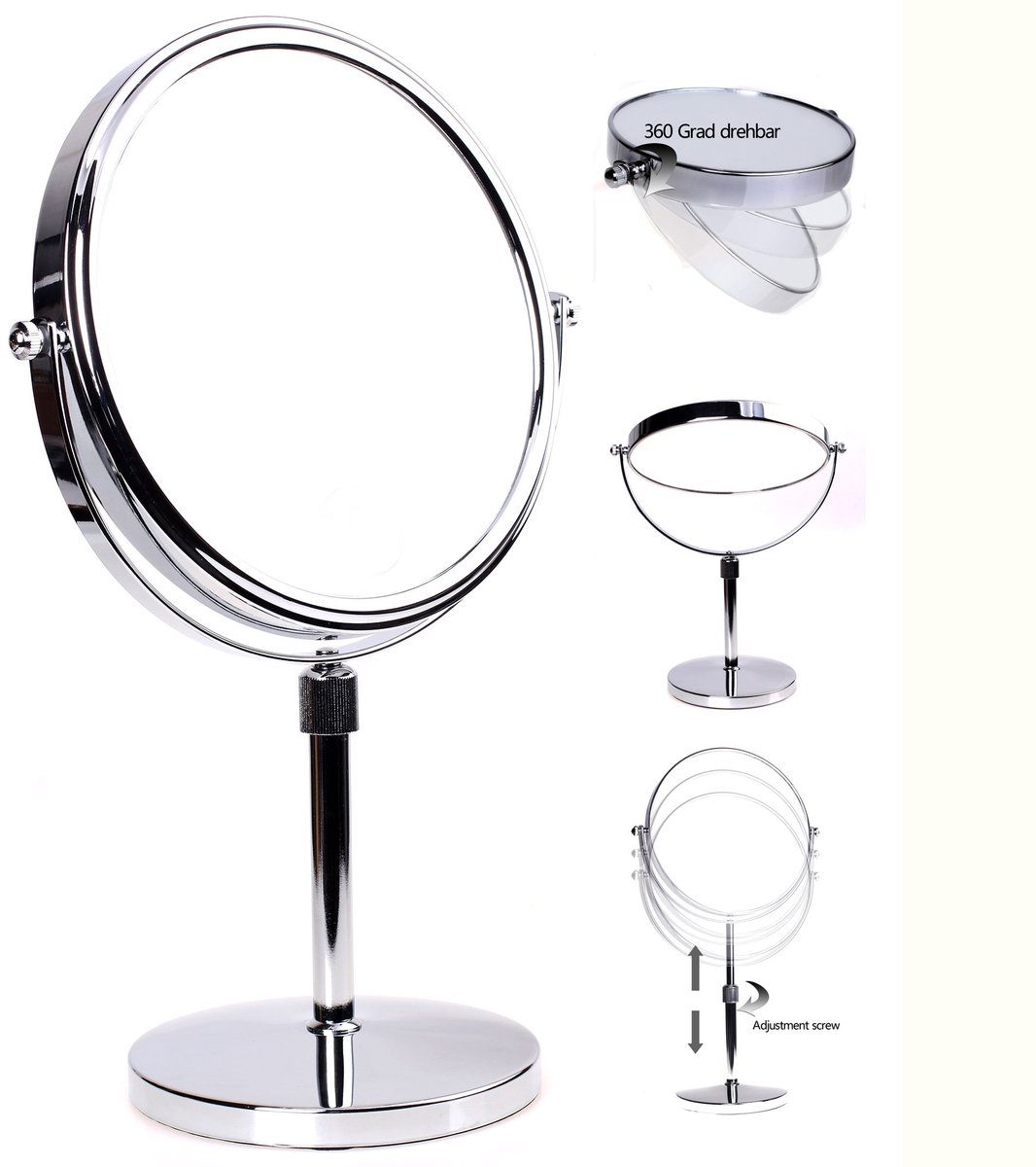 SnelShoppen - 8" Badkamerspiegel Hoogte Verstelbaar, 5x Vergroting Cosmetische Spiegel, Vrijstaand Tafelspiegel, Dubbelzijdig Verchroomd, Perfect voor
