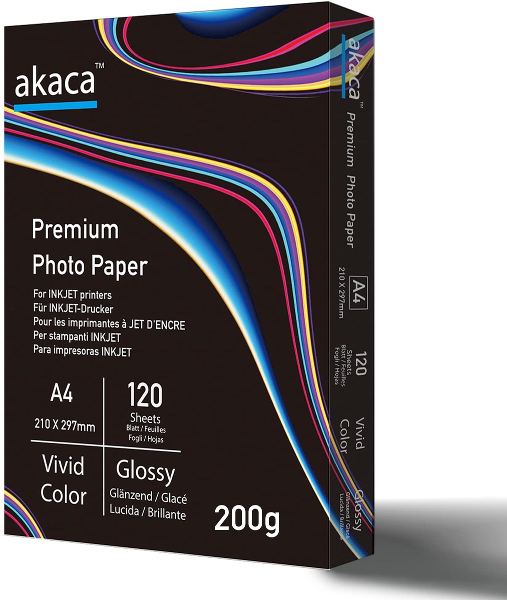SnelShoppen - Akaca Fotopapier Glanzend A4 120 Vellen 200 g/m² Waterbestendig Sneldrogend Compatibel met Inkjet en Laserprinters voor Professionele Af