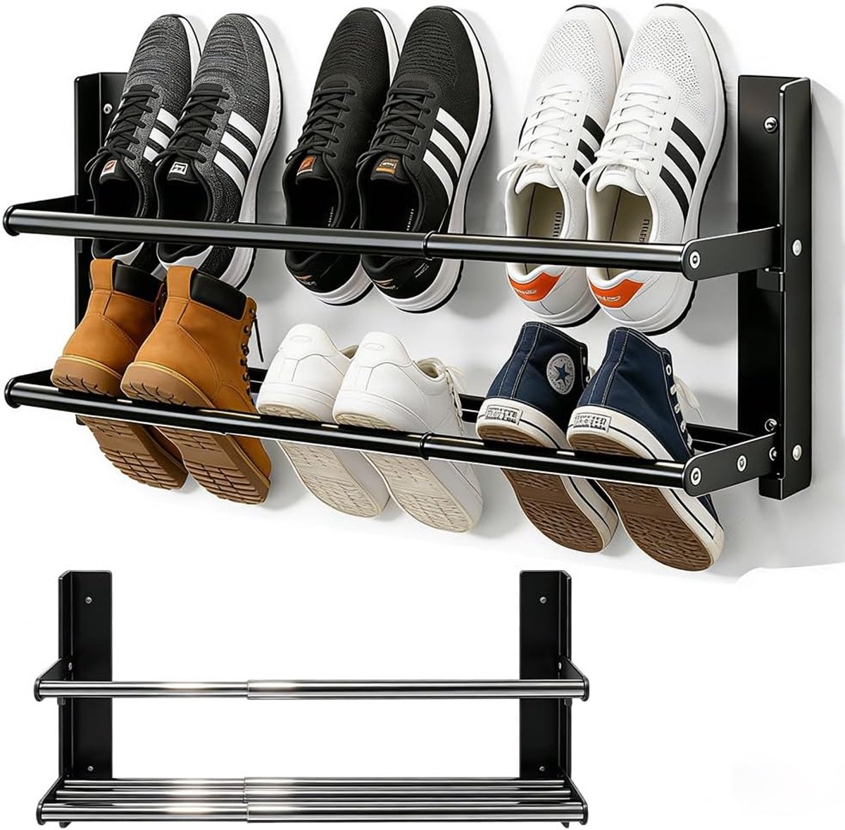 SnelShoppen - Schoenenrek voor aan de muur, 2 niveaus, ruimtebesparend metaal, zwart, schoenenhouder voor 6 paar schoenen, uittrekbaar van 37-67 cm, i