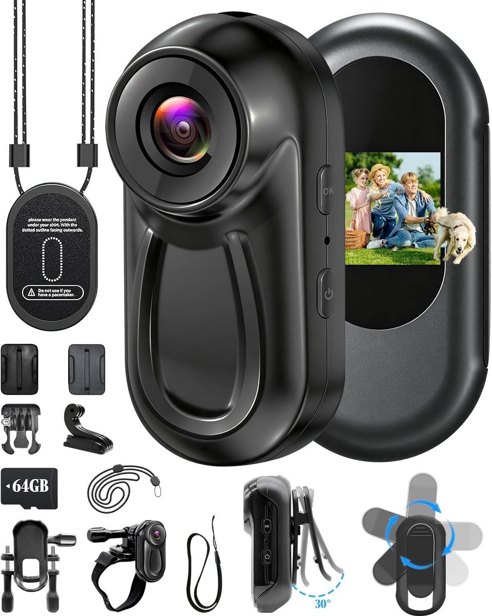 SnelShoppen - Mini Bodycam met 64GB SD-kaart, 1080P Actiecamera voor Veiligheid, Outdoor, Sport en Evenementen
