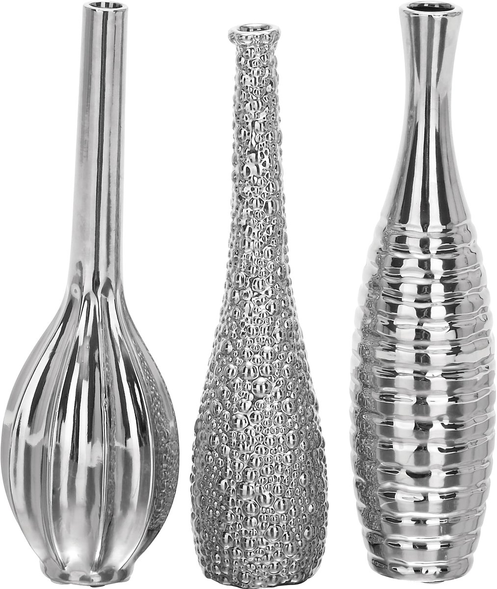 SnelShoppen - Set van 3 Keramische Vazen met Verschillende Patronen 13 Inch, Zilveren Afwerking, Modern Design voor Woonkamer, Tuin en Feestdecoratie