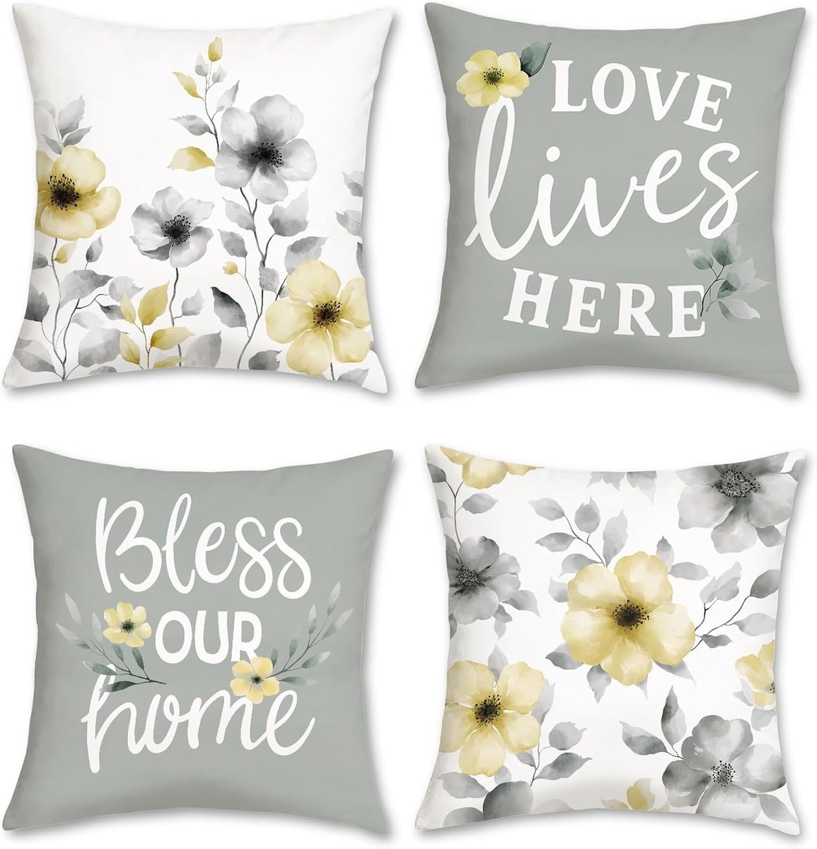 Moderne Fluwelen Kussenslopen met Waterverf Bloemen in Grijs en Geel voor Sofa en Bed - Set van 4, 45 x 45 cm, Decoratief en Zacht voor Thuis en Tuin