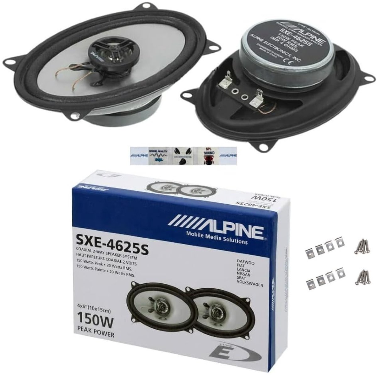 SnelShoppen - 2-weg Coaxiale Luidsprekers 4" x 6" voor Auto - KIT SET - 20W RMS, 150W Max - Inclusief Montageschroeven & Stickers - Perfect voor Auto