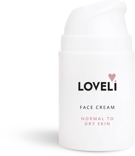 Witte Loveli Face Cream pompflacon voor normale tot droge huid.