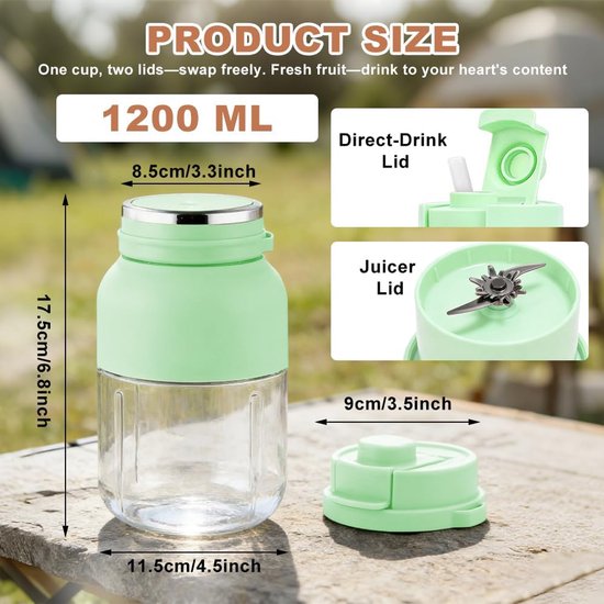 Draagbare Blender - Smoothiemaker Fles - Verse Drankjes Maken - USB Oplaadbaar Lekvrij - 1200 ml Capaciteit - Groen — afbeelding 4