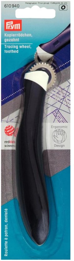 Prym "Kopierrã¶dchen, gezahnt" in verpakking, met ergonomisch donkerblauw handvat en kartelwiel.