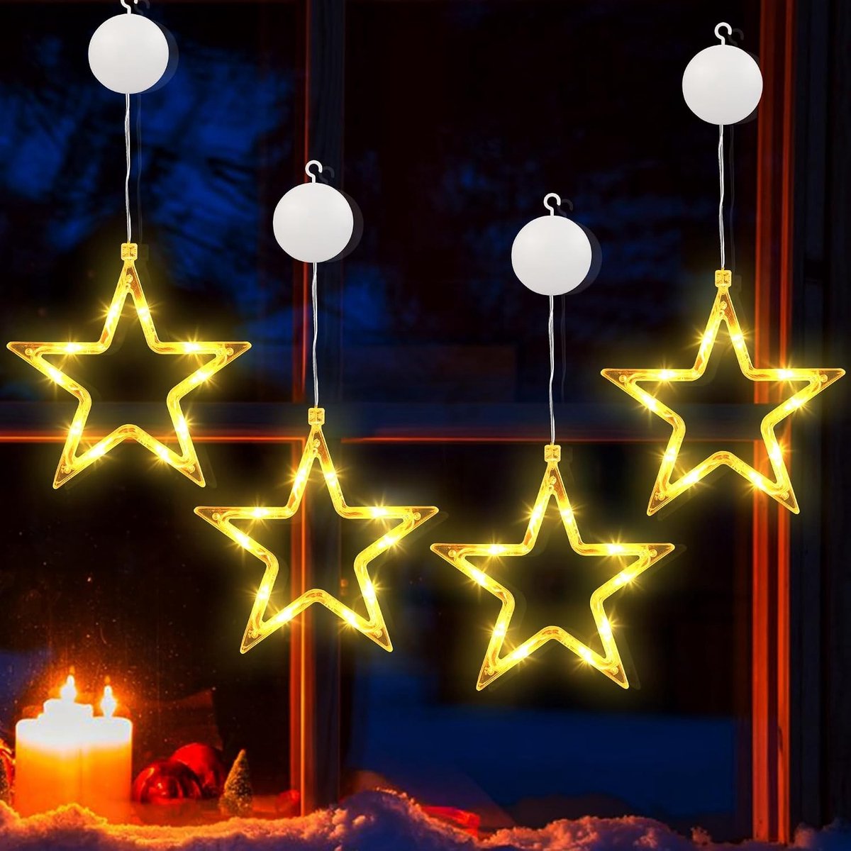 Decoratieve Sterren Fairy Lights voor Raam - 4 Stuks met 10 LED's, Batterij- en Timerfunctie, Ideaal voor Binnen en Buiten, Warm Wit voor Feestdagen en Tuin Decoratie