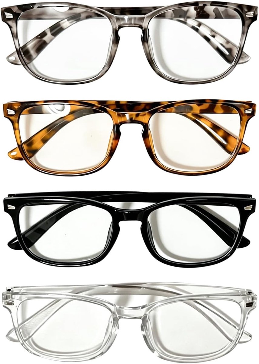 Set van 4 Unisex Vierkante Brillen met Blauw Lichtfilter, Retro 90s Stijl, Anti-Moeheid, Duidelijke Lensen voor Schermen, Computers, Lezen en Smartphones