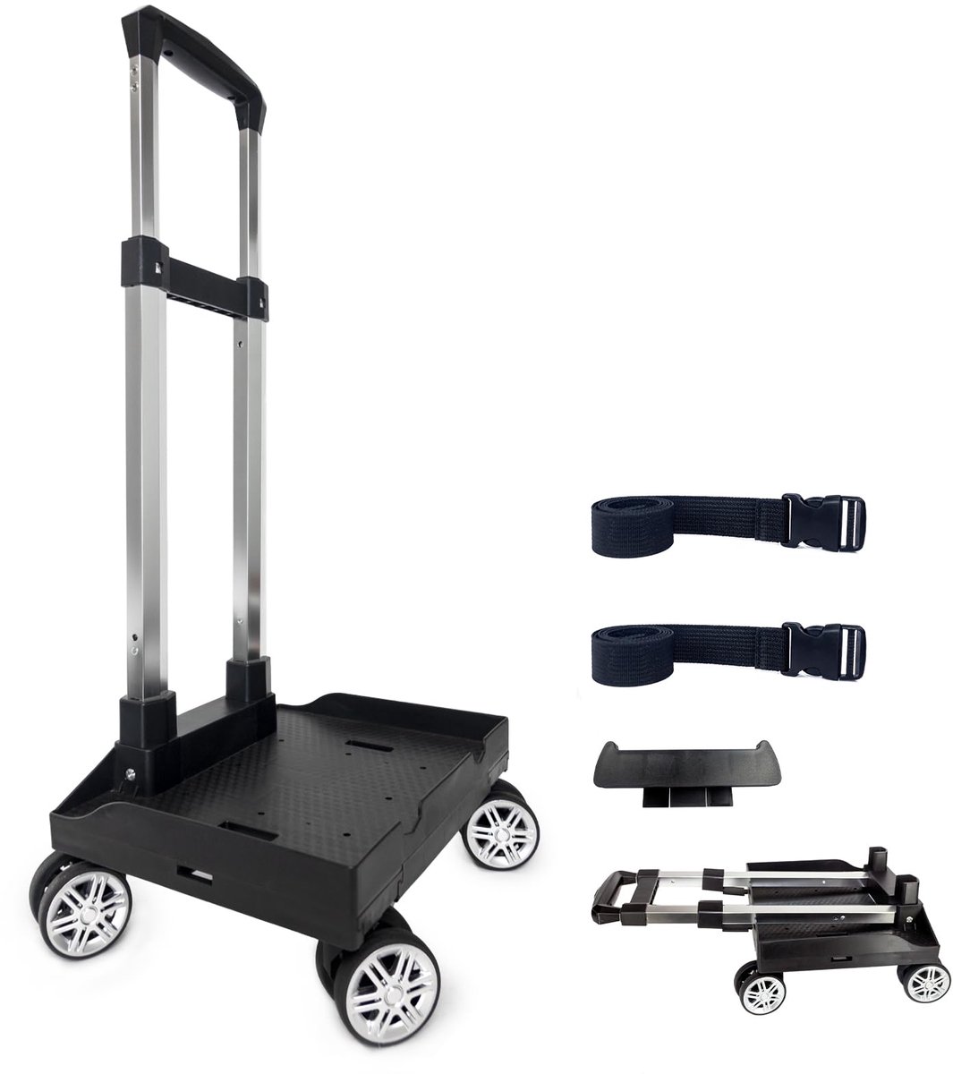 SnelShoppen - Opvouwbare Rugzakwagen op Wielen, Aluminium Steekwagen, 4 Wielen, Bagagewagen met Bagageband voor Kinderen, Tieners en Volwassenen, Zwar