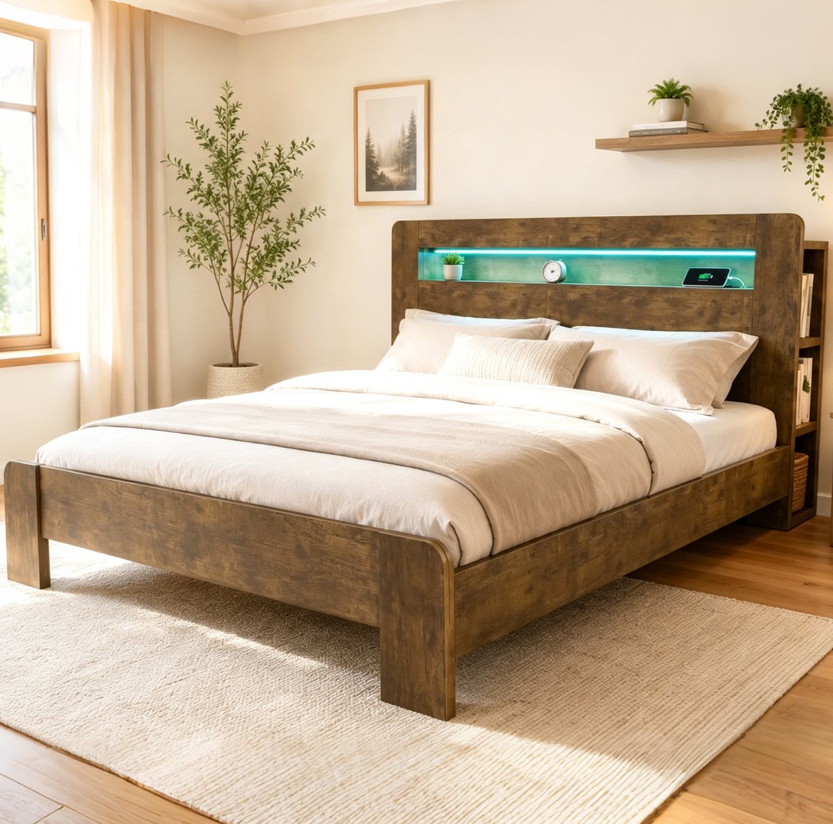 DESMIU Bed 180 x 200 cm Zonder Matras – Houten Bedframe Met LED-Verlichting En Stopcontact – Opbergruimte In Hoofdbord – Voor Volwassenen – Vintage Hout