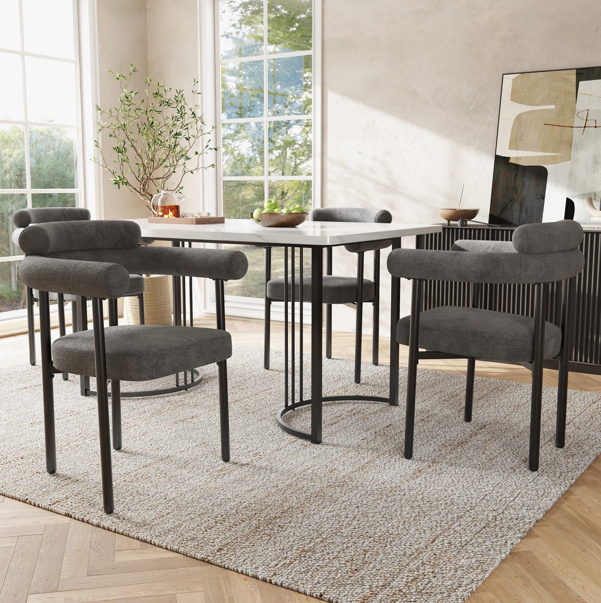 COVREO Eettafel en stoelen set 140x80x75 cm, wit en donkergrijs, metaal