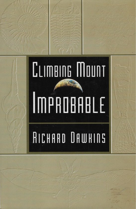 Couverture du livre 'Climbing Mount Improbable' avec des reliefs de fossiles et une image de la Terre.