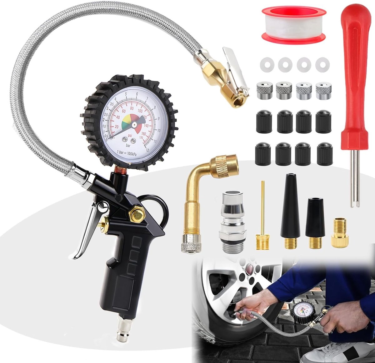 SnelShoppen - Manometer 0-12 bar, Bandenspanningsmeter met Adapter en Accessoires, Precisie Meter voor Auto, Fiets en Motor, Handzaam en Duurzaam Desi