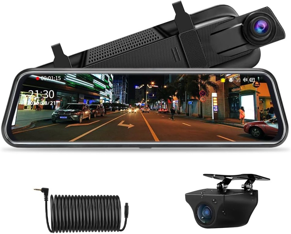 SnelShoppen - Spiegel-dashcam met achteruitrijcamera, 10 inch touchscreen, FHD 1080P, autocamera met 170 graden groothoek en nachtzicht, inclusief 10