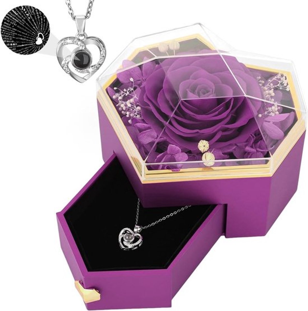 Echte Roos in Hartvormige Sieraaddoos, Eternity bloemen met 'Ik hou van jou' ketting in 100 talen, Perfect cadeau voor Moeder, Vrouw of Valentijnsdag, Paarse Rozenjuwelen