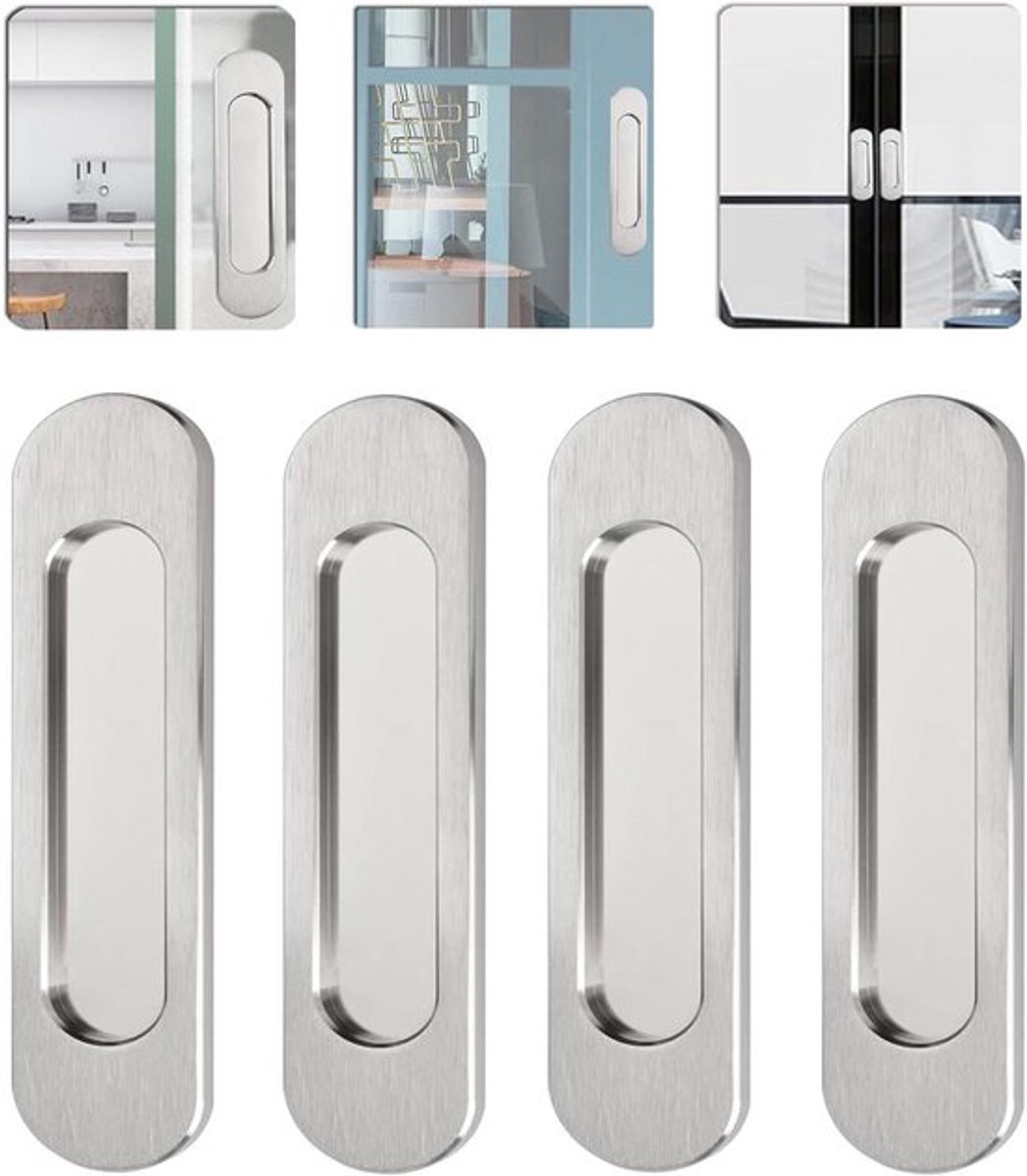 Zelfklevende ovale schuifdeurgrepen set van 4 - Aluminiumlegering - Keuken en balkondeur - Geborsteld staal - 100 mm