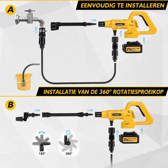 68 Bar Draadloz Hogedrukreiniger - Accu Hogedrukreiniger - met Verlengstang - 240 l/h - 5m Waterslang - 400 W - 2×4000 mAh — afbeelding 2
