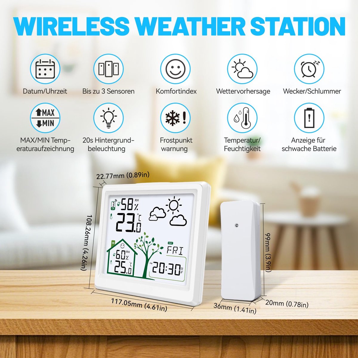 SnelShoppen - Draadloos Weerstation met Buitensensor, Digitale Thermometer en Hygrometer, Binnen en Buiten, Weersvoorspelling, Wekker, Luchtvochtighei
