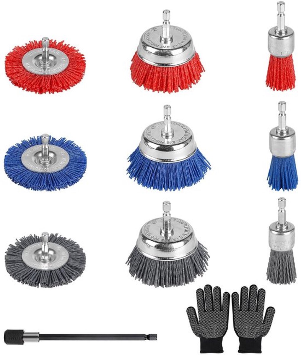 Set van 9 Nylon Schuurborstels - Nylon Boor Borstels met 150mm Hex Verlengstang - 3 Soorten Borstels voor het Verwijderen van Roest - Corrosie - Verf