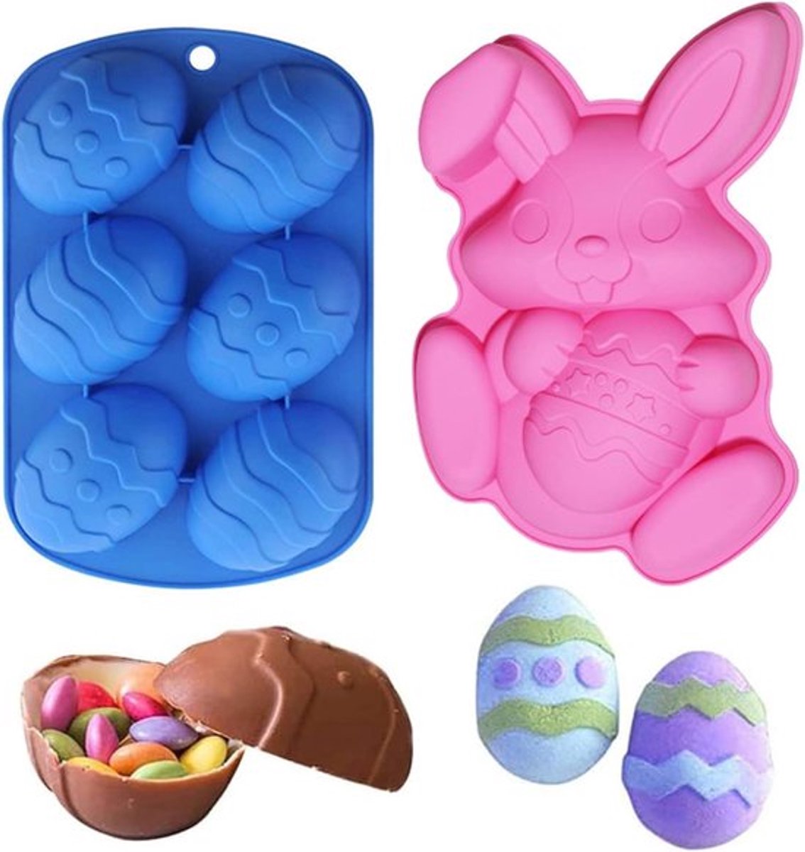 Set van 2 paaseivormen - bakvorm voor paaschocolade, gebak, ijsblokjes - roze, blauw, doe-het-zelf optie