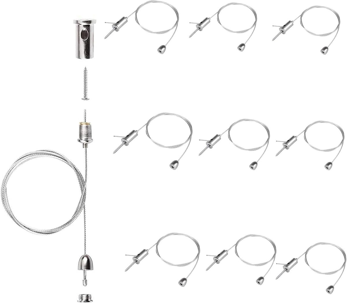 Touwophanging inbouwset voor plafondbevestiging, 10 stuks roestvrij staal oorstekers en draadkabel, ideale oplossing voor hangdecoraties en verlichting