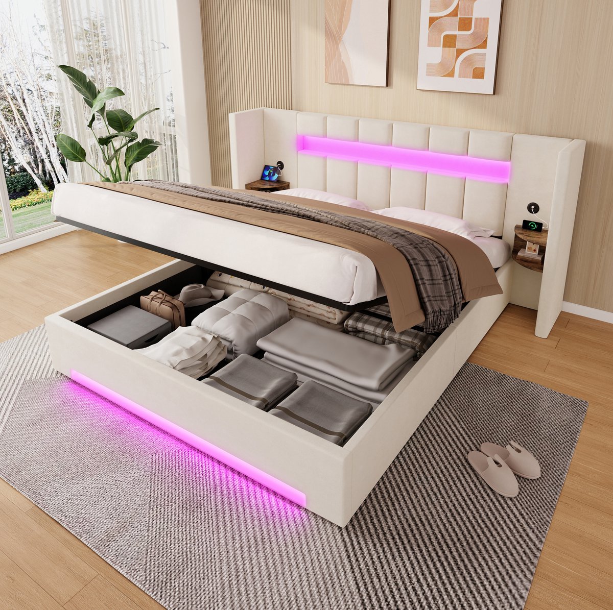 DESMIU Gestoffeerd Bed 180x200 cm – Brede Hoofdsteun Met 2 USB En LED-Verlichting – Hydraulisch Mechanisme – Grote Onderbed Opbergruimte Met Retro Opbergkasten – Voor Volwassenen – Samtlook Stof – Beige – Zonder Matras