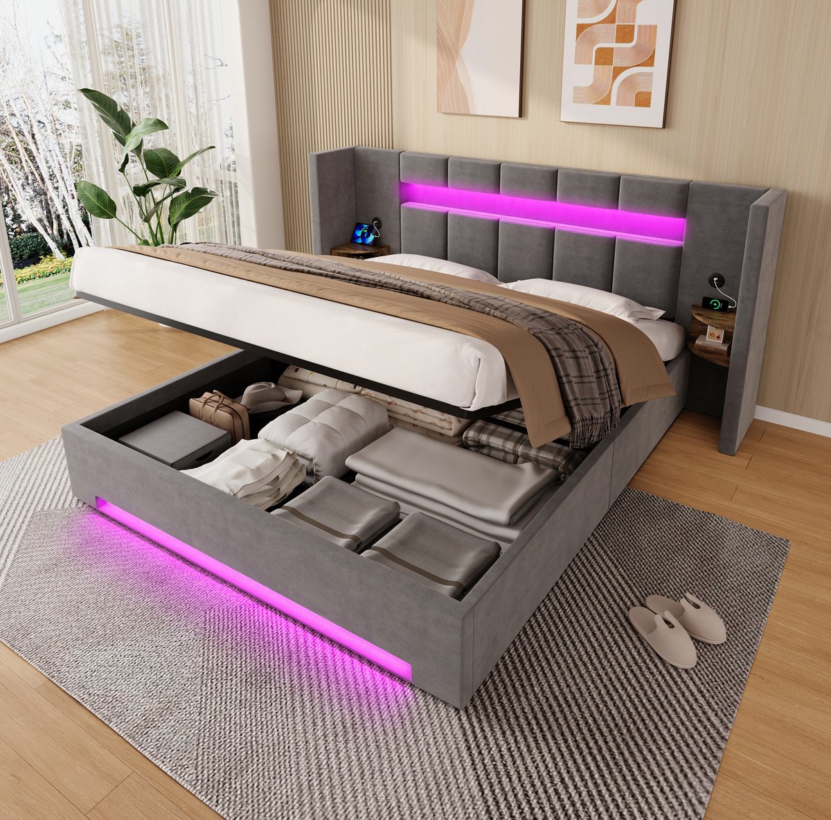 DESMIU Bed 160x200 cm – Brede Hoofdbord Met USB & LED-Verlichting – Hydraulisch Mechanisme – Grote Onderbed-Opbergruimte – Voor Volwassenen – Fluwelen Stof – Donkergrijs – Zonder Matras
