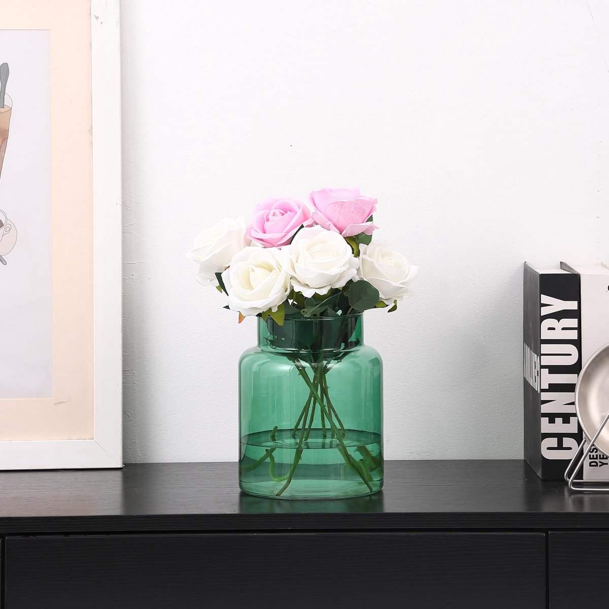 SnelShoppen - Grote glazen vaas 18 CM - Groene bloemenvazen voor boeketten - Hoge vaas met brede mond voor salontafel, woonkamer, bruiloft en kantoor