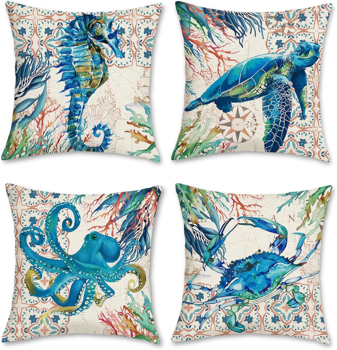 SnelShoppen - Nautische kussenslopen set van 4 - Decoratieve kussenovertrekken 45 x 45 cm - Polyester linnen met zeeschildpad, zeepaardje, octopus en