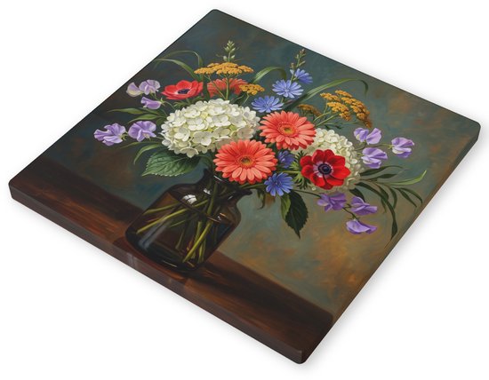 Canvas Schilderij Hortensia & Gerbera Veldboeket in Vaas Stilleven Wanddecoratie 40x40 cm