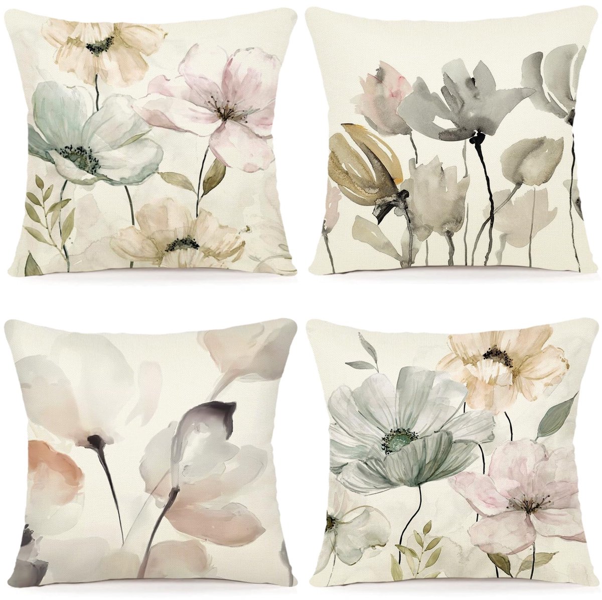 SnelShoppen - Set van 4 Bloemen Kussenslopen 40 x 40 cm voor Buiten, Sierkussens van Linnen met Aquarel Bloemenpatroon voor Bank en Woonkamer