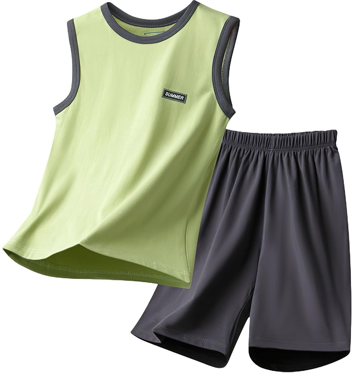 SnelShoppen - Kinderjongens Kledingset Zomershorts Tanktop Korte Broek 3-12 Jaar Groen 7-8 Jaar voor Feest, Tuin, Camping en Speelplezier