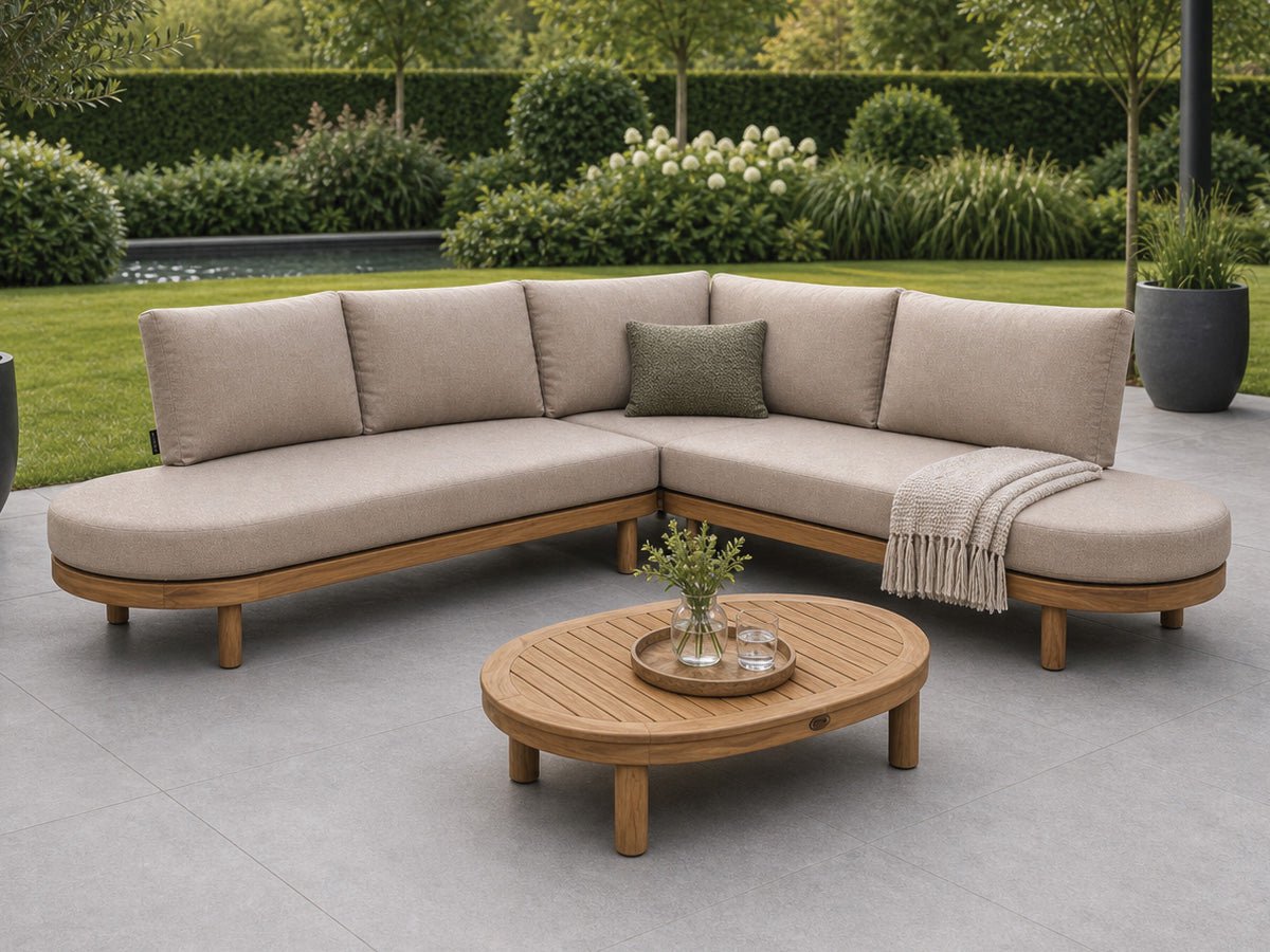 Fonteyn Loungeset Ronea - 5-persoons Loungeset, Buitenzitgroep en Tuinmeubelset met Loungebank en Tafel - 220 x 170 x 75 cm - Acaciahout, Aluminium - Geschikt voor Tuin, Terras en Balkon - Inclusief Kussens - Houtlook