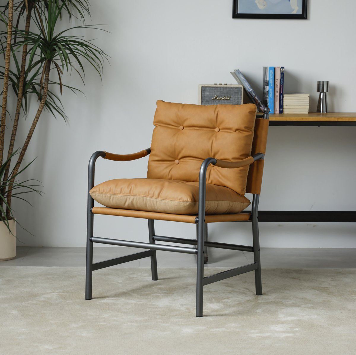 STILVORA Fauteuil 60 x 62 x 90 cm - Mid Century Modern Armstoel Met Gevoerde Zitting - Voor Woonkamer Slaapkamer En Kantoor - Leer Metaal Bruin