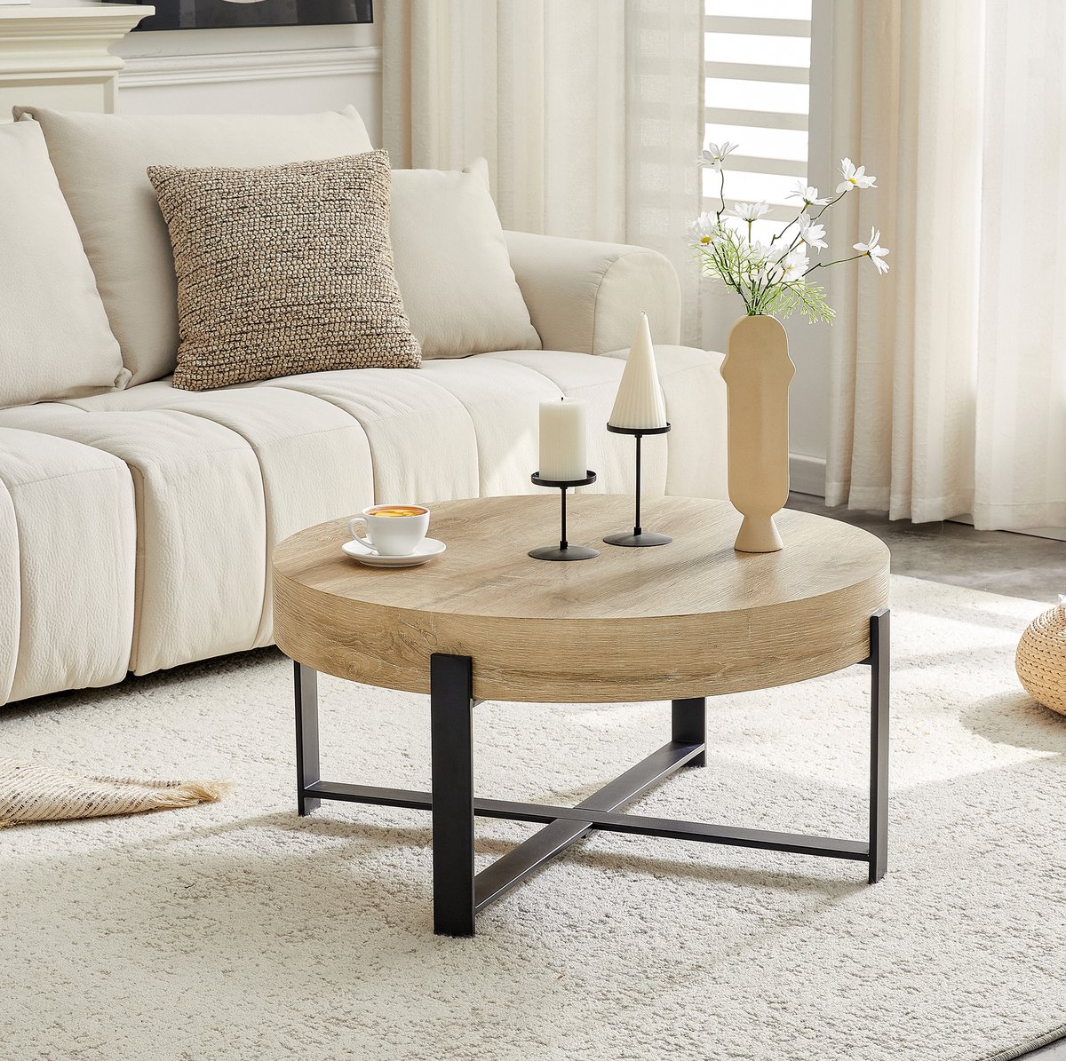 DESMIU Salontafel - Ronde Tafel Met Houtlook En Kruisframe - Voor Woonkamer En Slaapkamer - MDF En Metaal - 68 x 68 x 36 Cm - Zwart