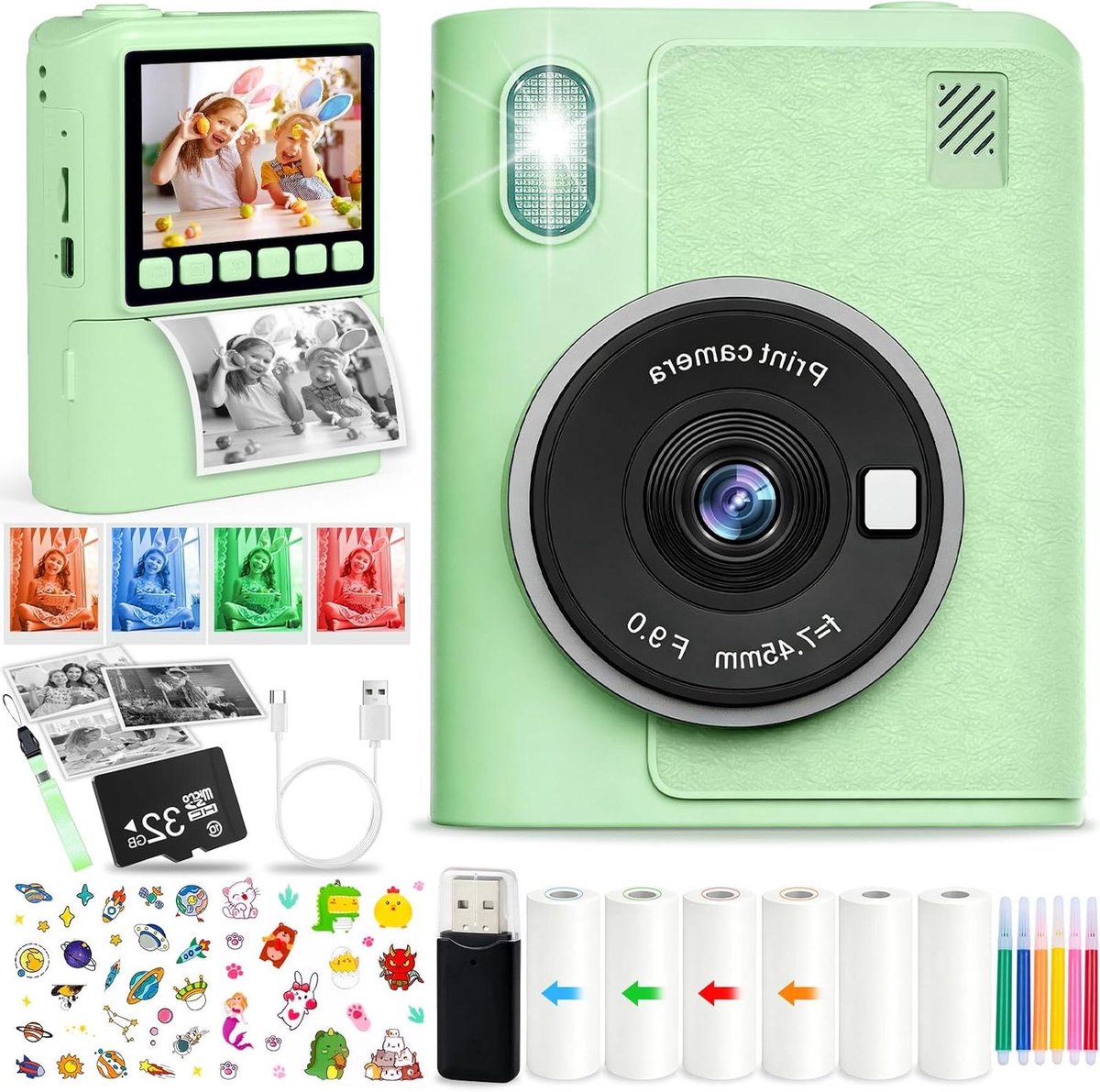Kinder Camera - Direct Print Camera - Vrolijke Momenten Vastleggen - Inclusief 32GB Kaart - 2.4 Inch Scherm - Groen