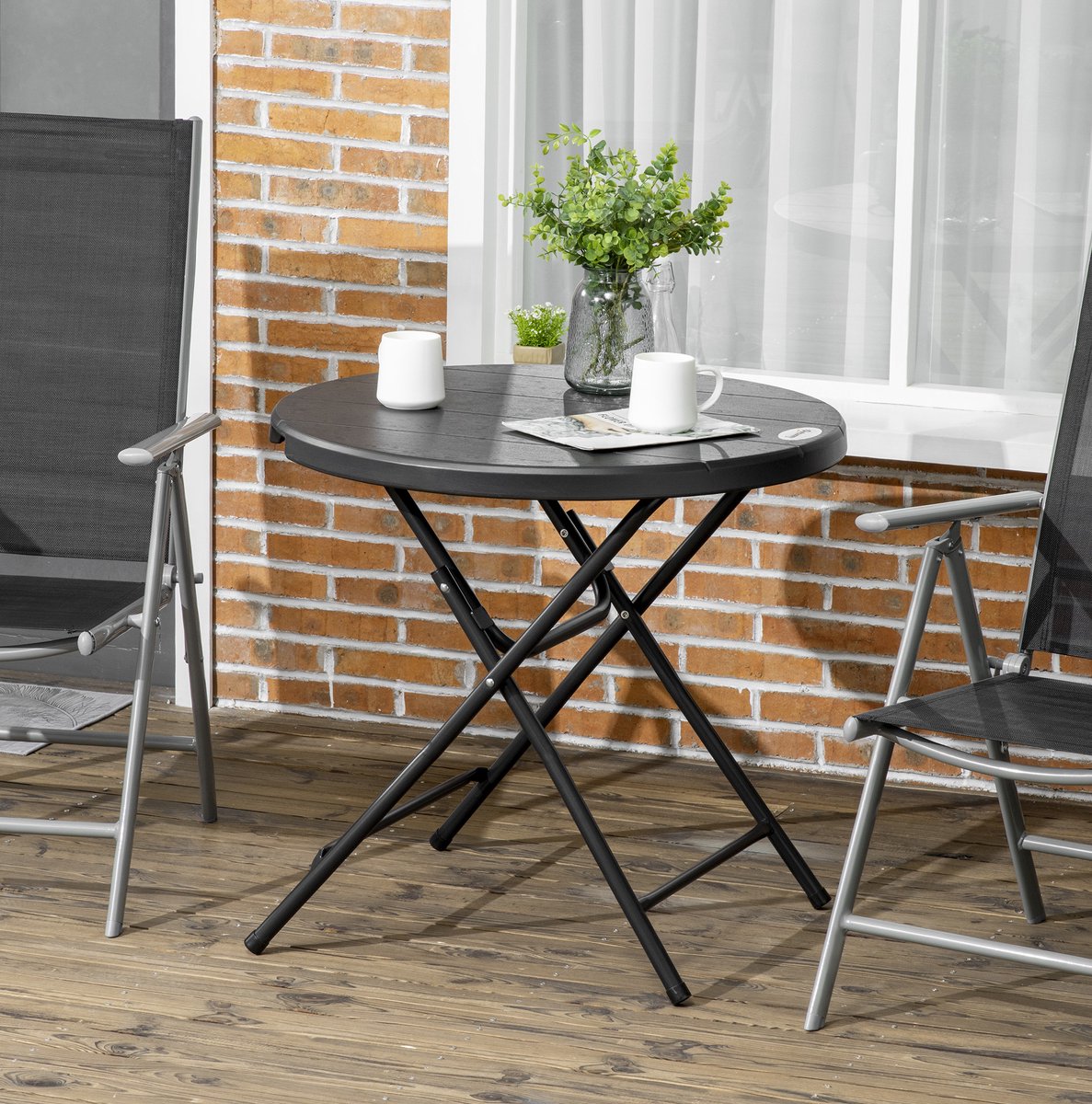 DESMIU Tuintafel - Ronde Opklapbare Eettafel Voor 4 Personen - Voor Balkon En Terras - HDPE En Staal - Donkergrijs - Diameter 80 Cm