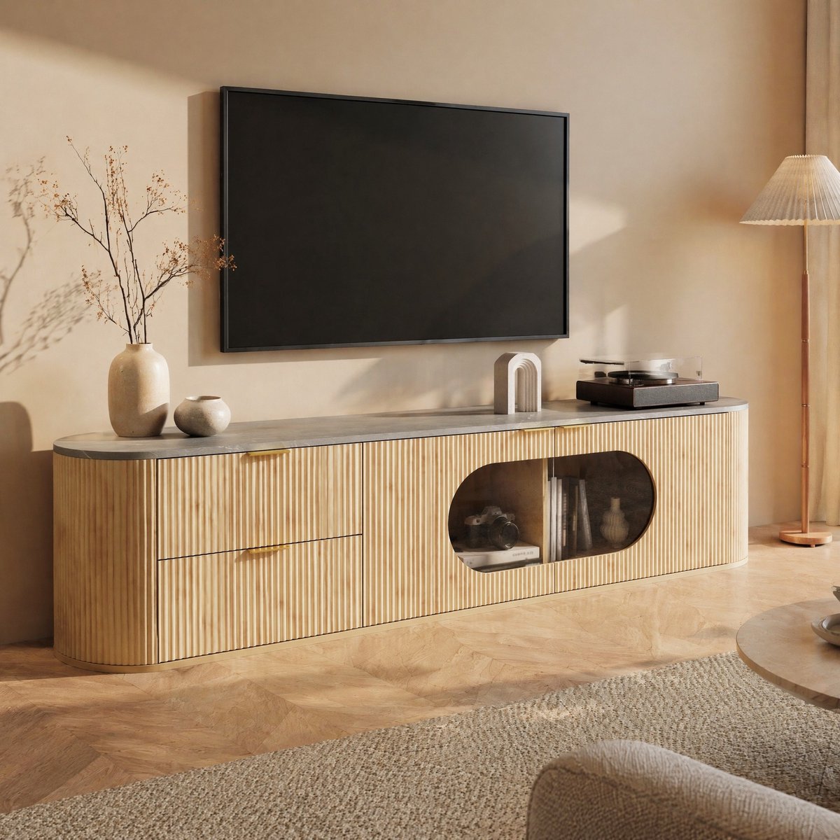 COVREO TV-meubel 172x38x45,5 cm naturel, MDF met glas en opbergruimte Natural