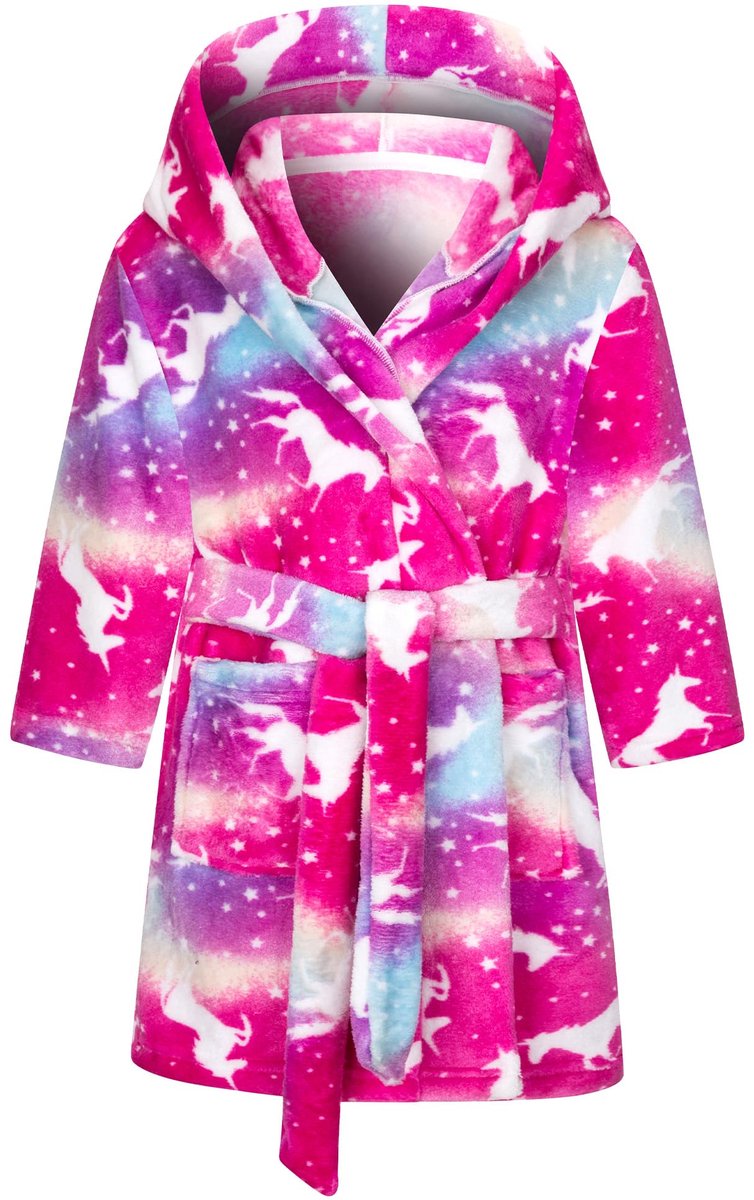 SnelShoppen - Badjas jongens met capuchon flanel, Paard design, zachte pyjama, warme nachtkleding 2 pockets, maat 116-122, Magenta, voor kinderen 6-7
