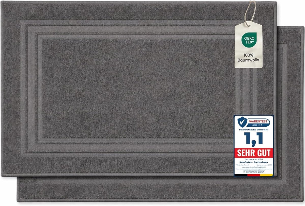 SnelShoppen - 2-delige badmat van 100% katoen, 600 g/m² douchemat | Wasbaar, absorberend, badstof, 50 x 70 cm, antraciet voor badkamer en douche