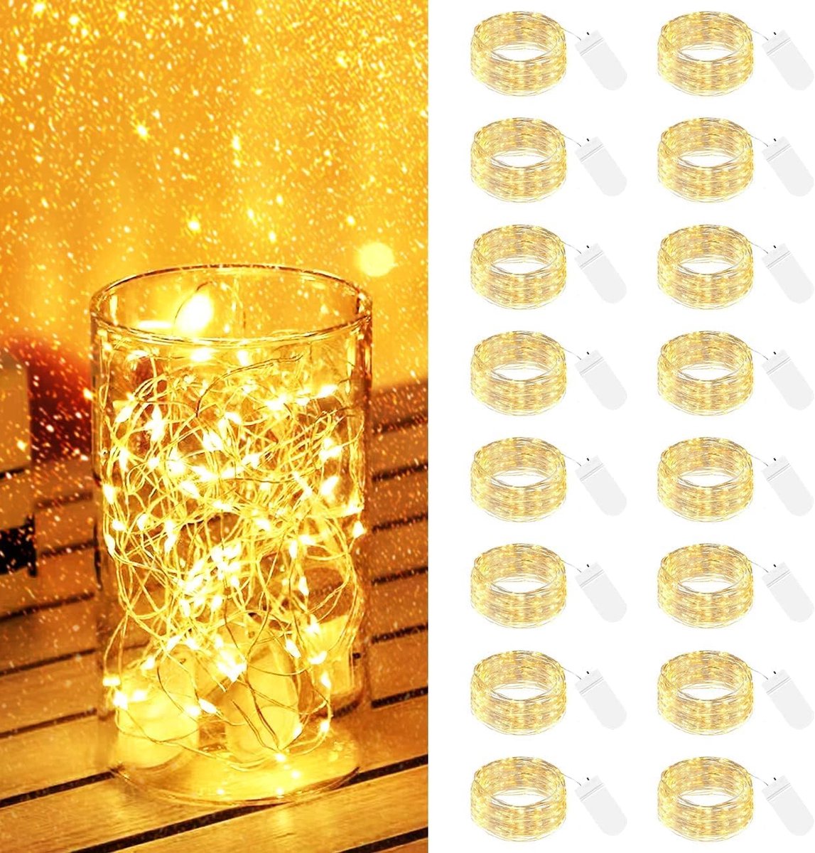 SnelShoppen - 16 Stuks Led-Lichtketting met Batterij, Mini-Lichtketting van 2 m, 20 Leds, Zilverdraad, Waterdicht voor Kerstmis, Bruiloft, Feest en Bi