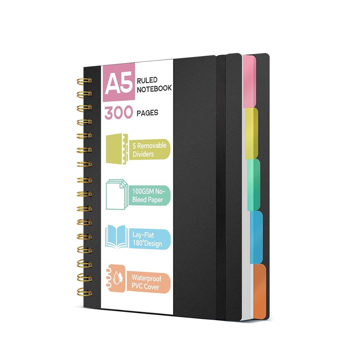 SnelShoppen - A5 Notitieboek met Register, 300 Pagina's, 100 g/m² Niet-Doorschijnend Papier, PVC-Hardcover, Spiraalbinding voor School, College, Kanto