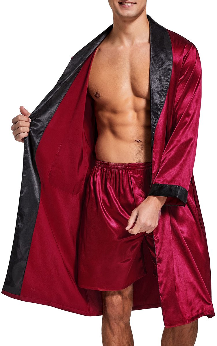 SnelShoppen - Lichte satijnen badjas voor heren met lange mouwen en korte broek, maat L, ideaal voor thuis, sauna of als cadeau, luxe en comfortabel