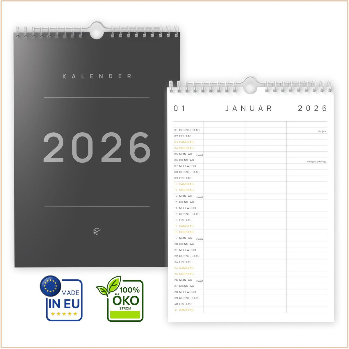 SnelShoppen - UNITURE Wandkalender 2025, DIN A4, 3 Kolommen, Duurzaam en Smeervrij, Perfect voor Thuis, Kantoor en School, Ideaal voor Plannen en Orga