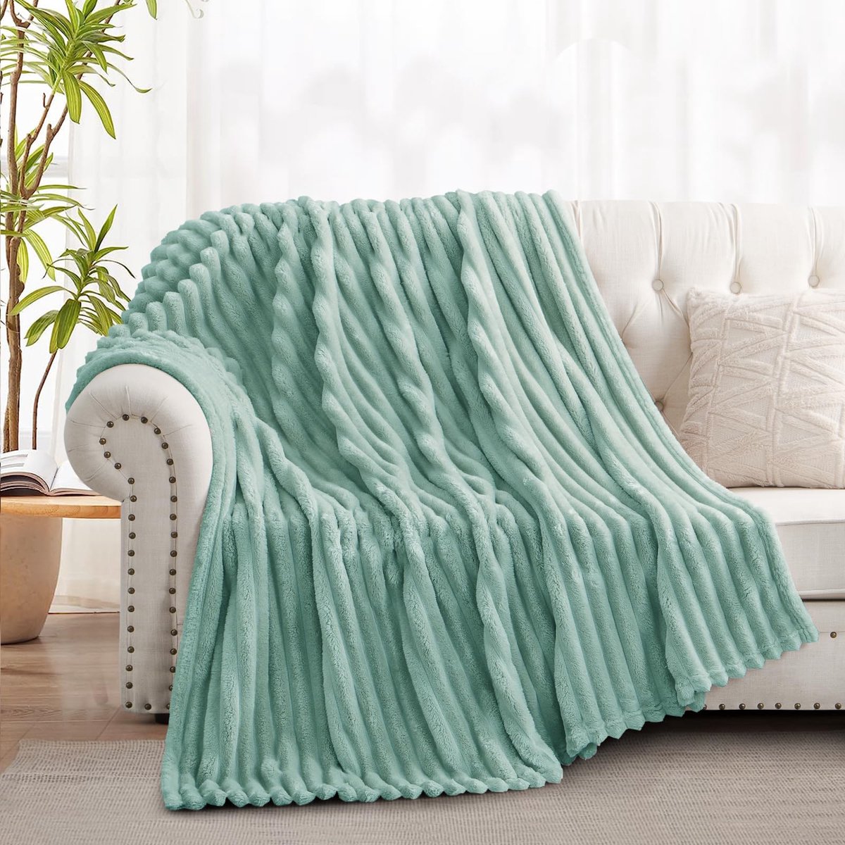 SnelShoppen - Fleece plaid 150 x 200 cm, extra zachte flanellen deken voor op bed of bank, mosgroen, 100% microvezel, warme dekens voor koude avonden, — cadeau in Wonen & Interieur - foto 5