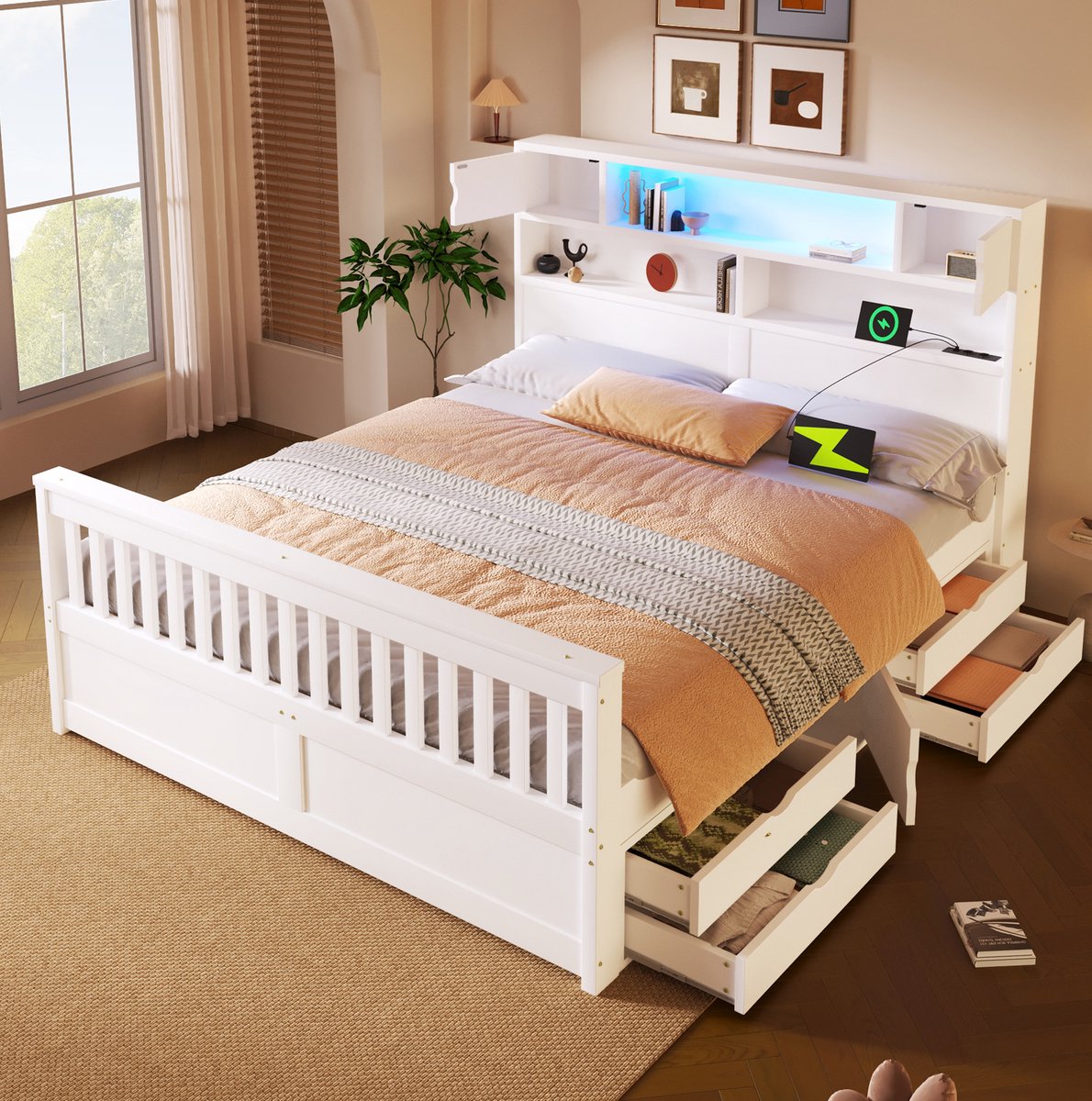 DESMIU Bed 160x200 cm – Tweepersoonsbed Met Led-Hoofdbord En Opbergrekken – Met 4 Lades – Zonder Matras – Modern MDF – Wit